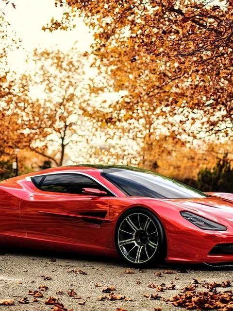 Картинка: Aston Martin, красная, улица, суперкар, дизайн, осень, деревья, листва, дорога