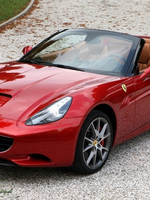 Image: Ferrari, California, red, cabriolet, car, supercar, road, leaves