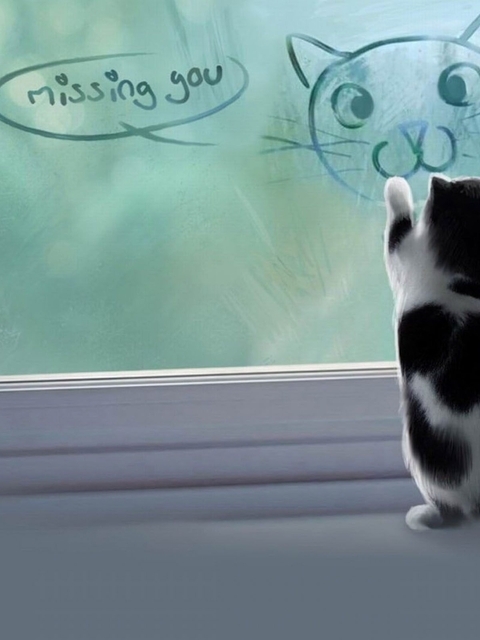 Картинка: Кошка, кот, спина, окно, надпись, рисунок, настроение, посуда, гжель