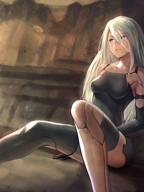 Image: Android, A2, art, game, NieR:Automata, sitting, cave, light, bird, girl
