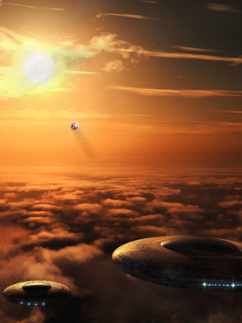 Image: Sky, clouds, UFO, dish, sun, planet