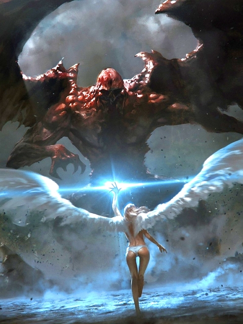 Картинка: Ангел, Демон, крылья, луч, свет, арт, девушка, монстр, дьявол