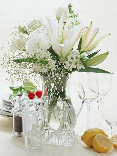 Image: Flowers, vase, tableware, wine glasses, lemon