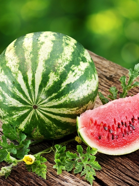 Image: Watermelon, striped, green, ripe, seeds, slice, cut, harvest, leaves, boards