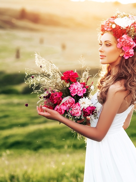 Картинка: Цветы, девушка, букет, украшение, поле