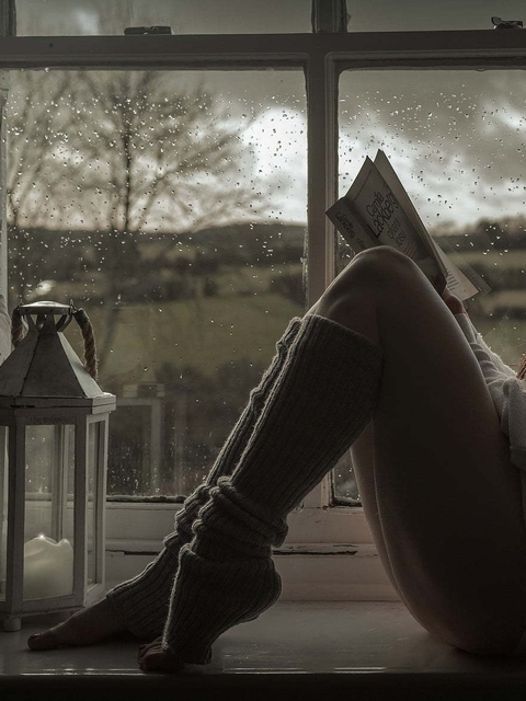 Картинка: Девушка, сидит, читает, книга, подоконник, окно, дождь, подушка