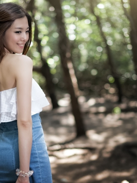 Image: Girl, Asian, hair, barrette, smiling, forest