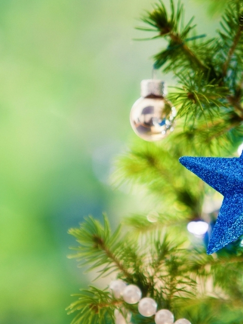 Картинка: Синяя звёздочка, иголки, ель, бусы, шары, украшение