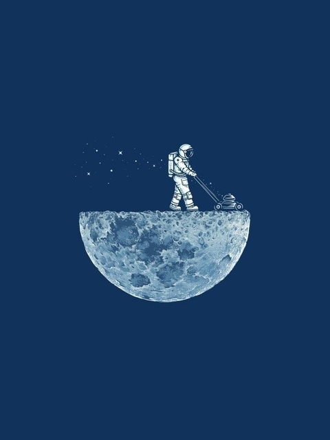Картинка: Половина луны, астронавт, пыль, газонокосилка, пространство