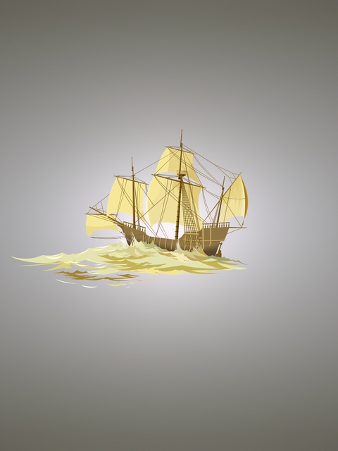 Image: Ship, sail, mast, waves, gray background