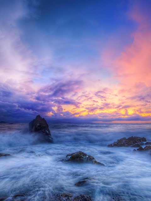 Image: sea, ocean, waves, rocks, sky, clouds, sunset, dawn, beautiful landscape