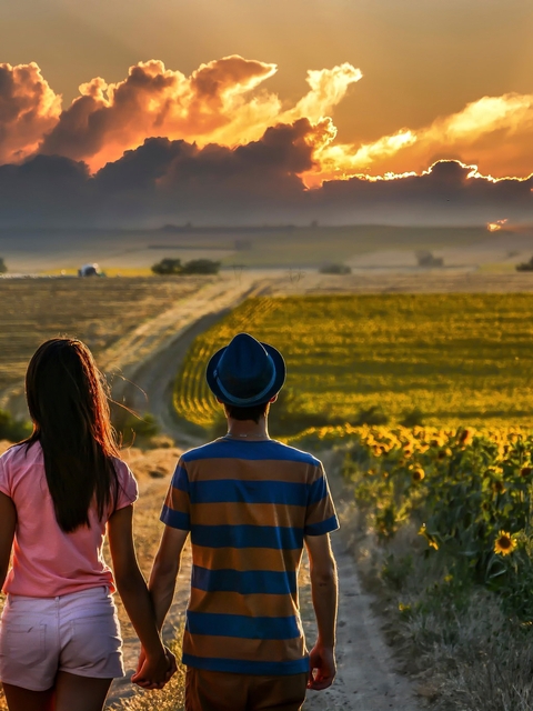 Image: Couple, man, girl, lovers, field, sunflowers, road, horizon, evening, clouds