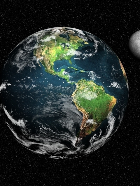 Картинка: Земля, материки, Луна, Спутник, планета, звёзды, космос