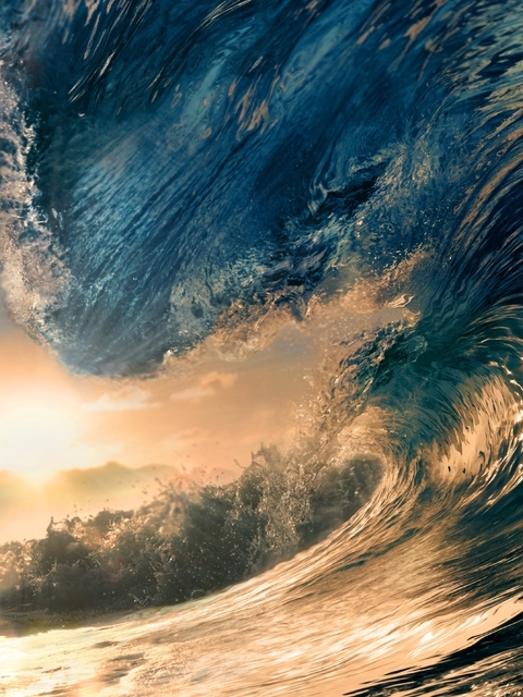Картинка: Волны, вода, океан, брызги, солнце, закат, небо, облака