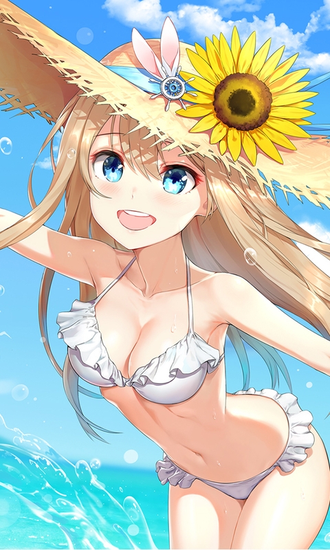 Image: Girl, blonde, blue eyes, swimsuit, hat, sunflower, drops, spray, water, sky, vacation