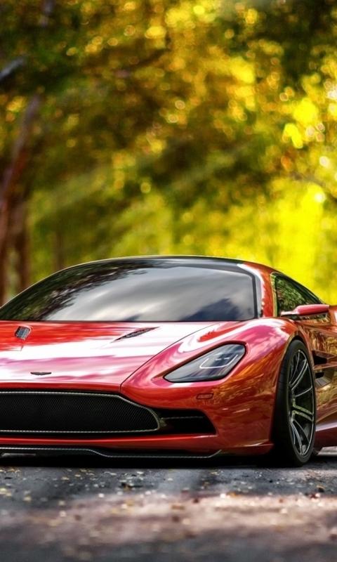 Картинка: Астон Мартин, Aston Martin DBC, красный, парк, деревья, листья, дорога