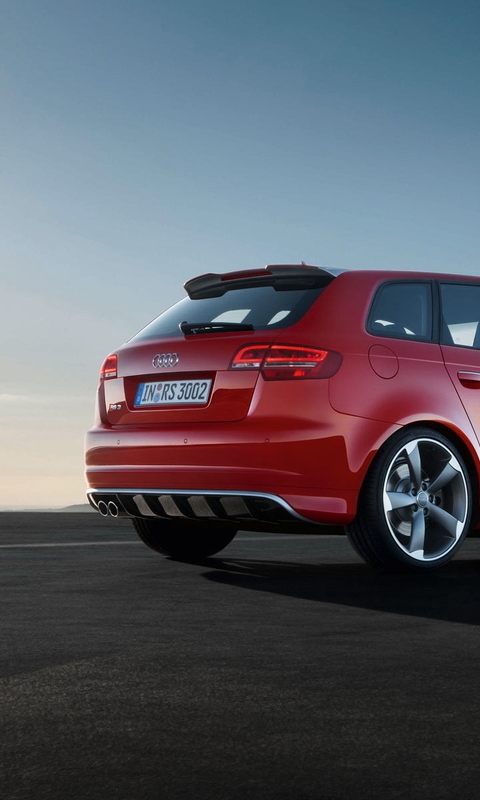 Image: Car, Audi, rs3, red, track, rays, sky, sun
