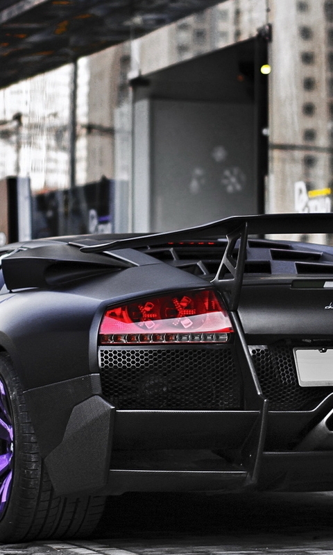Image: Lamborghini, Murcielago, SV, black, satin, street, sidewalk, building