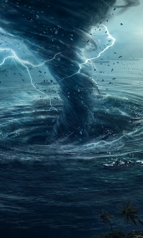 Картинка: Шторм, торнадо, воронка, молнии, корабли, пальмы, вода, море, гроза