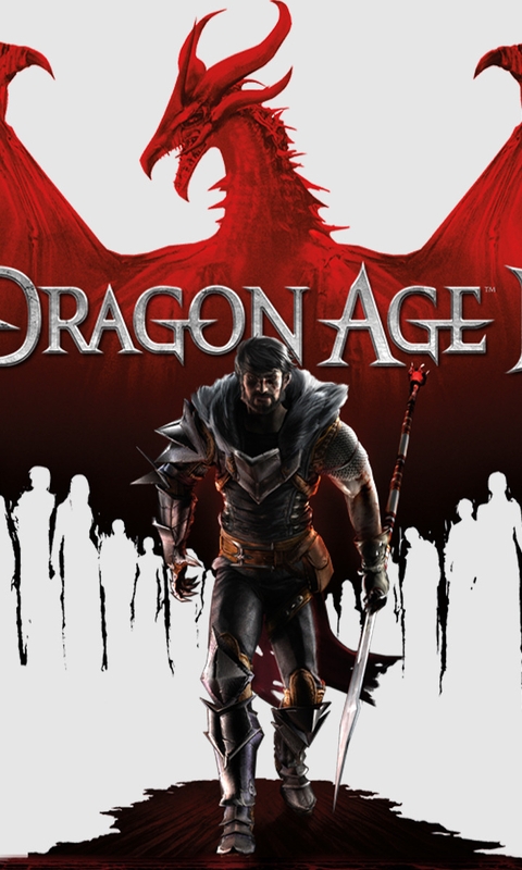 Картинка: Dragon Age 2, дракон, крылья, воин, копьё, белый фон, силуэты