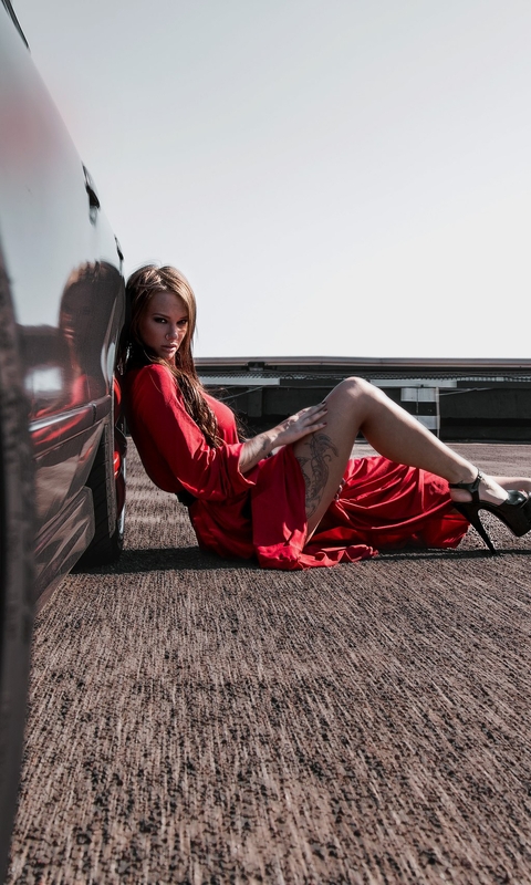 Image: Brunette, girl, Veronika Wonka, red dress, tattoo, legs, heels, sits, look, machine, asphalt