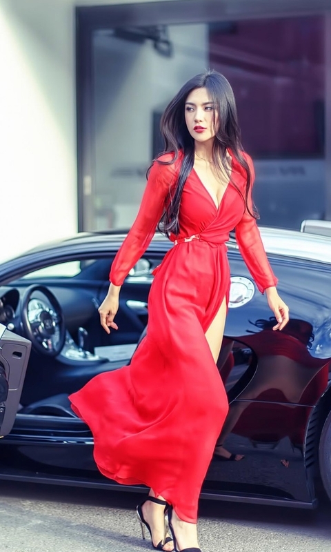 Image: Girl, asian, red dress, gait, supercar, Bugatti
