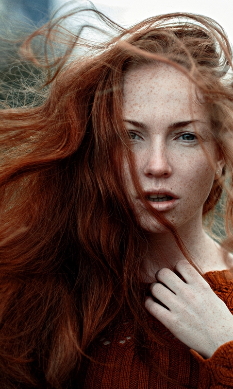 Image: Girl, face, redhead, freckles, wind, hair, look, jacket