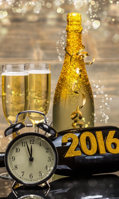 Картинка: Часы, 2016, шампанское, ленточка, блёстки, блики, фужеры, будильник, время
