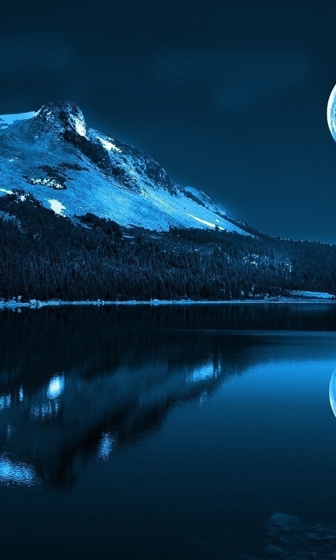 Image: nature, mountains, moon, lake, night
