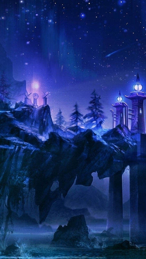 Картинка: Замок, дом, скалы, мост, фонари, огни, ночь, звёзды