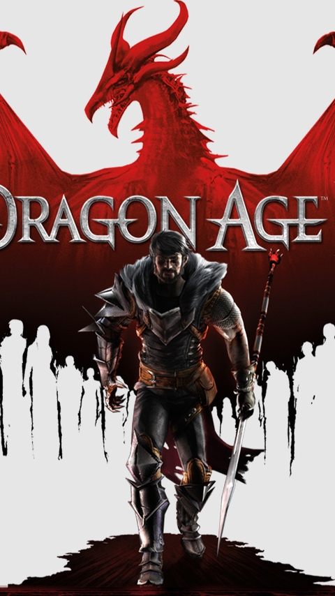 Картинка: Dragon Age 2, дракон, крылья, воин, копьё, белый фон, силуэты