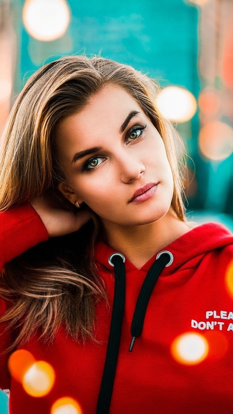 Image: Girl, blonde, model, red, bokeh, reflections