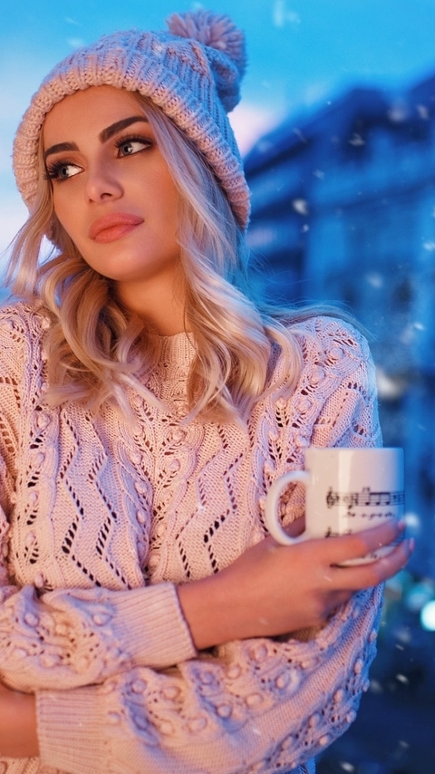 Картинка: Блондинка, зима, снег, девушка, шапка