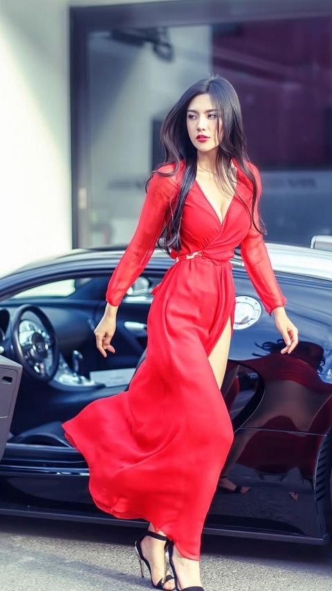 Картинка: Девушка, азиатка, красное платье, походка, суперкар, Bugatti