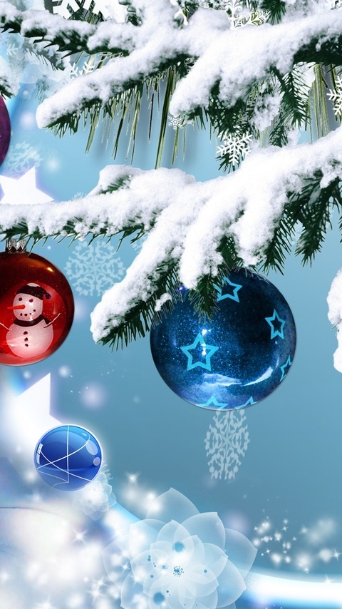 Image: Cat, muzzle, snow, snowflake, tree, toys, balls, stars, snowman, winter, New year, celebration