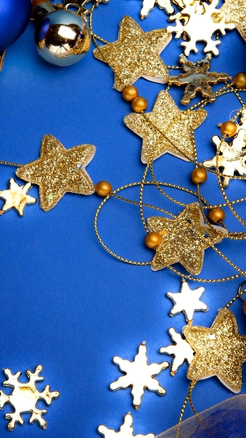 Image: New year, Christmas balls, stars, snowflakes, decoration, beads, lie, blue background