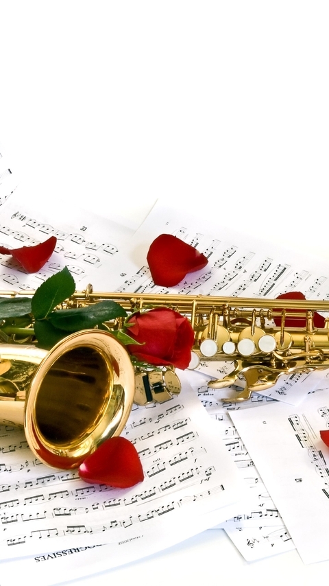 Картинка: Саксофон, инструмент, лепестки розы, ноты, белый фон