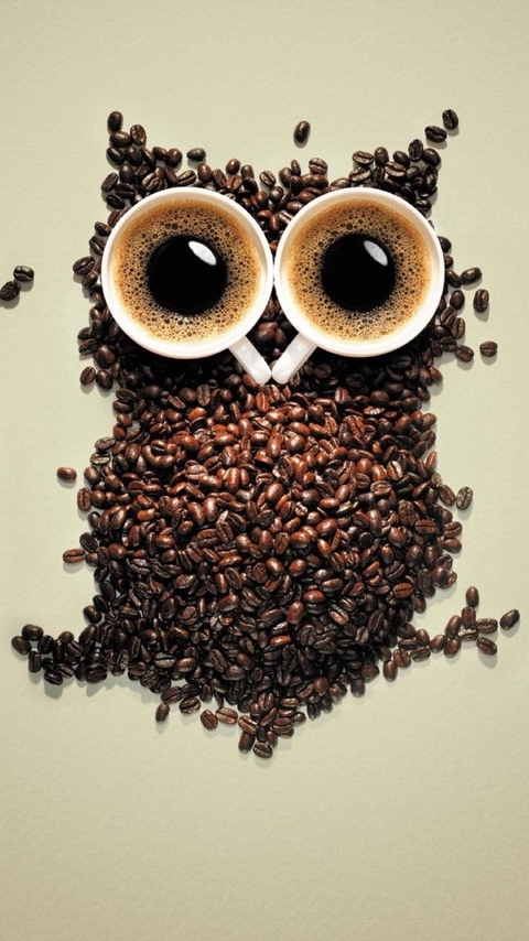 Картинка: Сова, кофе, зёрна, кружки, глаза, зрачки