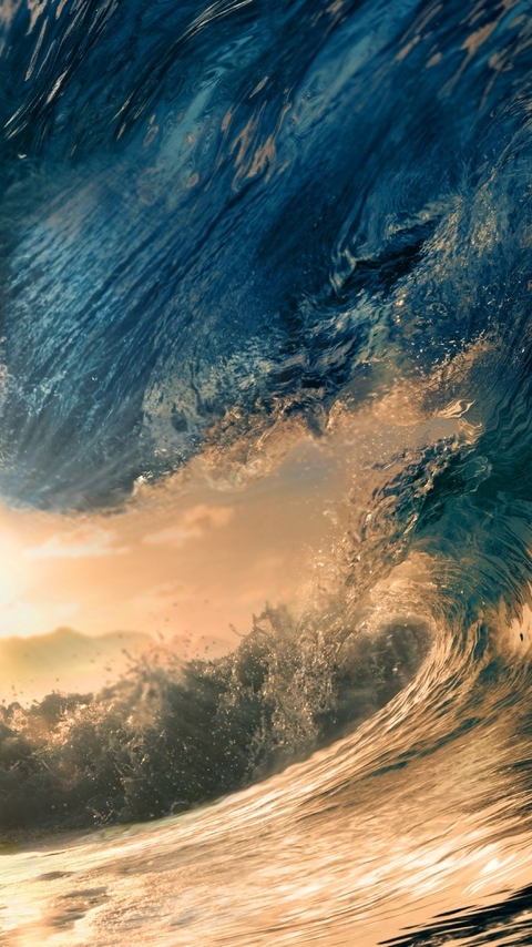 Image: Wave, water, ocean, spray, sun, sunset, sky, clouds