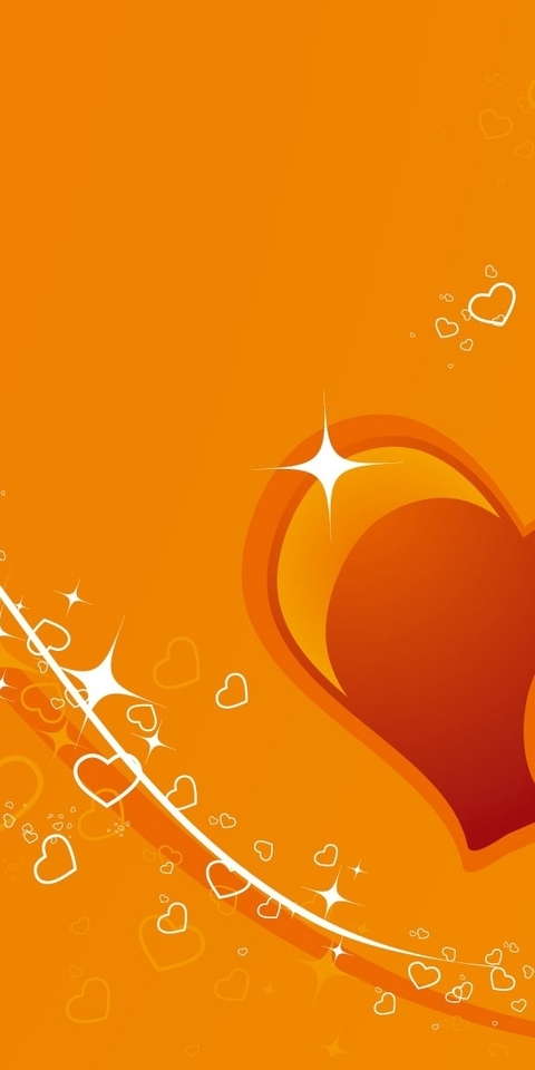 Картинка: Сердечки, два, линии, изгиб, блики, оранжевый фон
