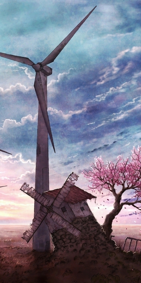 Картинка: Арт, ветряная, мельница, ветрогенераторы, ветряная станция, небо, поле, дерево, сакура