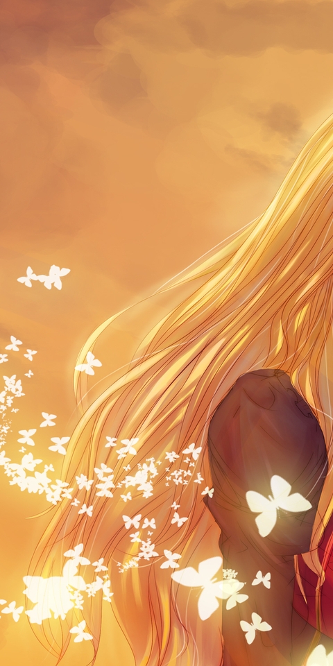 Картинка: Девушка, жёлтые волосы, бабочки, бантик, платье, голубые глаза