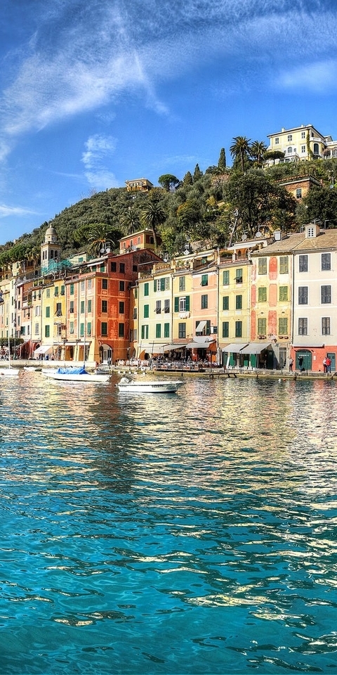 Картинка: Италия, Лигурия, море, голубая вода, дома, деревья, небо, облака