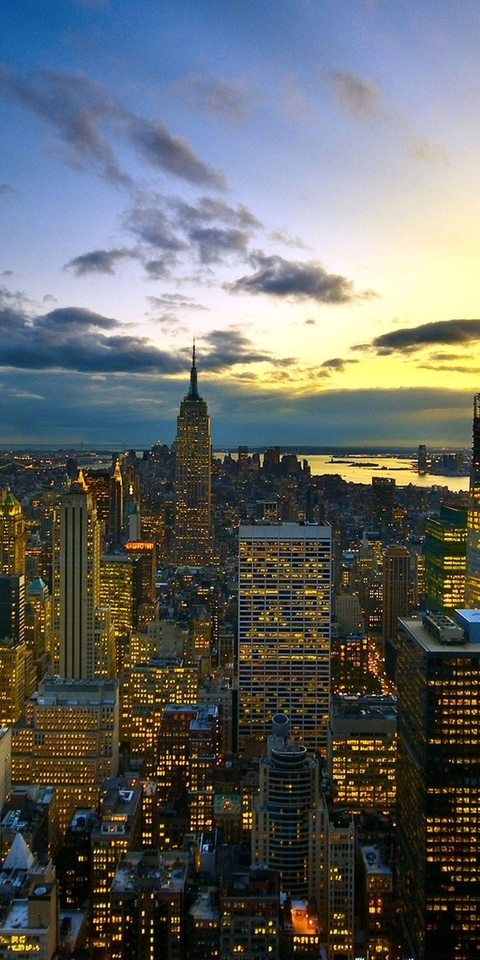 Image: New York City, new York, city, skyscraper, lights, evening, twilight, sky, moon