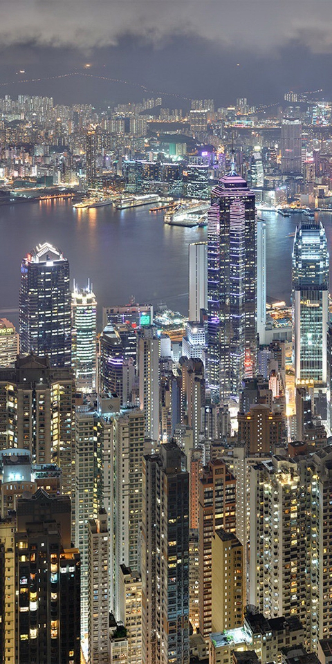 Image: City, buildings, skyscrapers, large, lights, night, water, sky