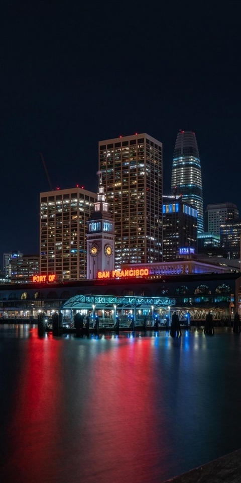 Картинка: Город, ночь, высотки, порт, Сан-Франциско, Port of San Francisco, река, огни