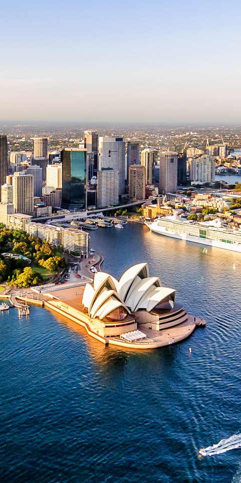 Картинка: Город, Сидней, Sydney, Австралия, здания, высотки, театр, вода, паром, набережная, панорама, горизонт