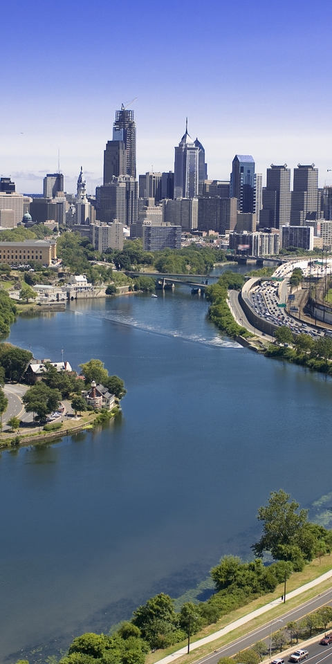 Картинка: Город, Филадельфия, США, здания, река, деревья, небо