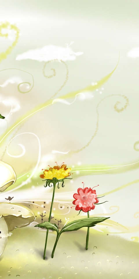 Картинка: Рисунок, грибы, цветы, фантазия, небо, облака