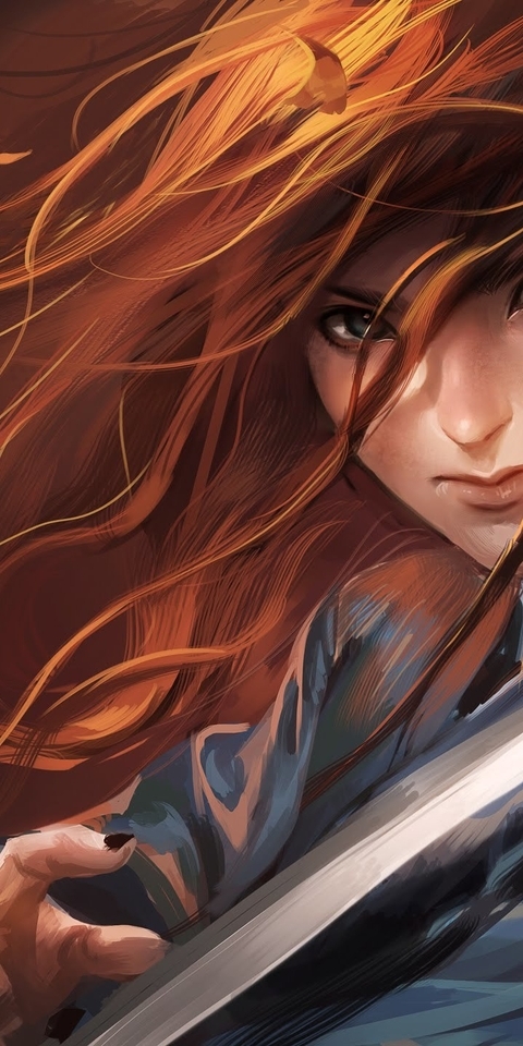 Картинка: Девушка, волосы, листья, ветер, меч, катана, взгляд, рыжеволосая, арт